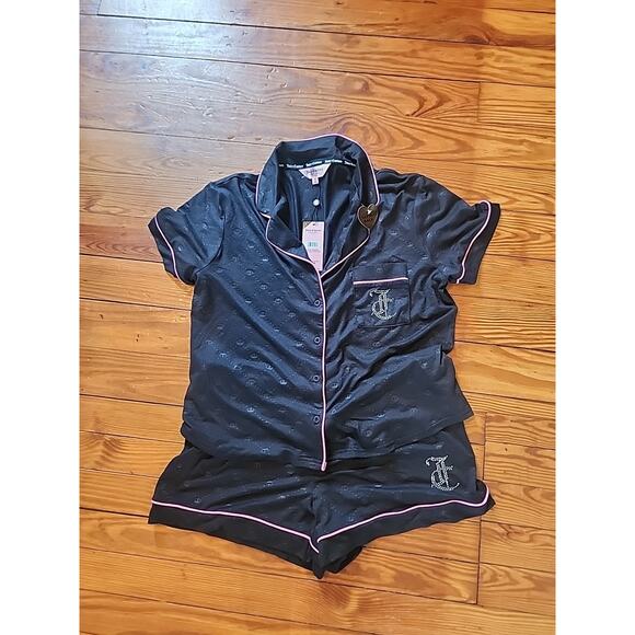Juicy Couture Black Rhinestone Pajama Set Size Medium Shorts Top - Picture 1 of 5